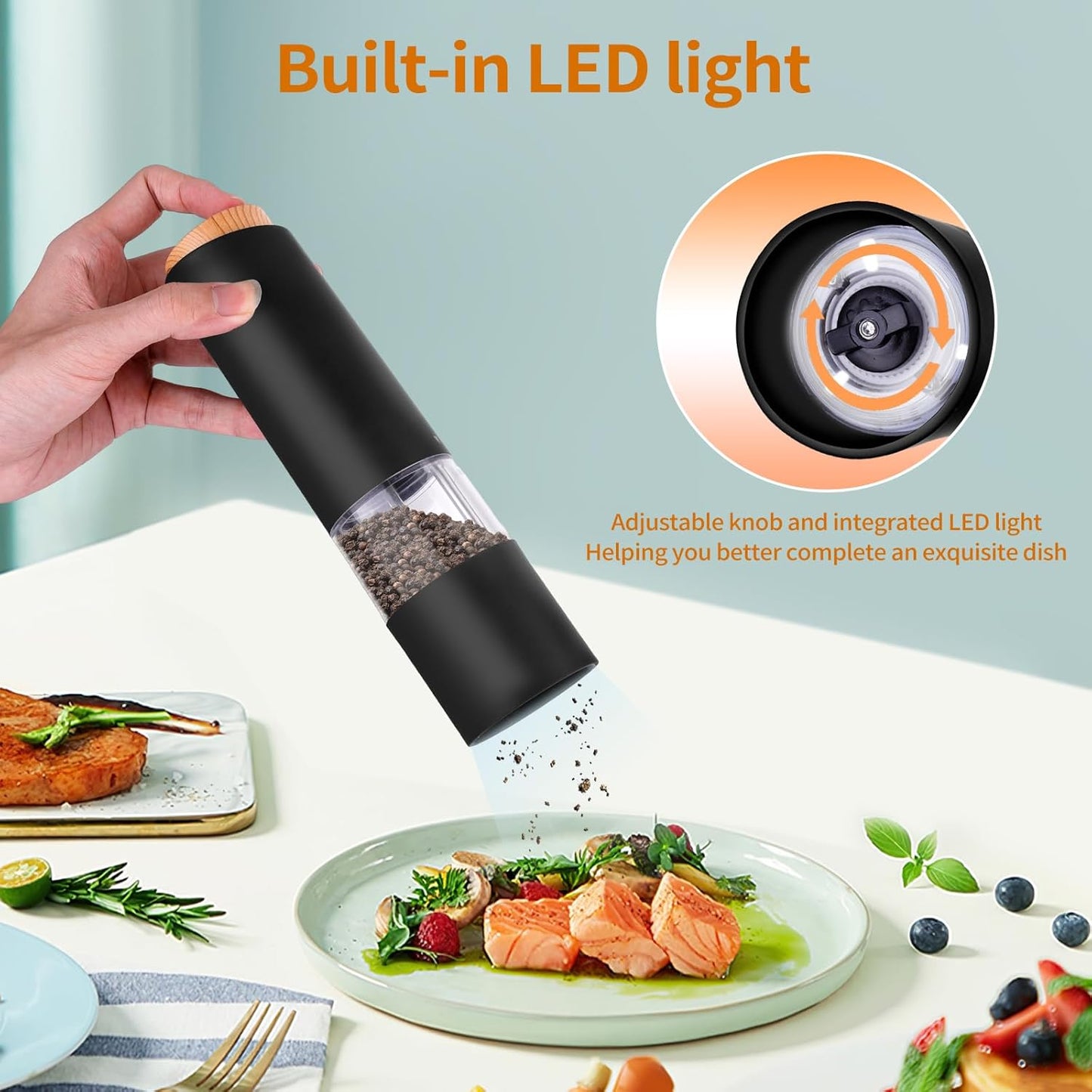 Electric Salt and Pepper Grinder Set - Adjustable Coarseness, Battery-Operated with LED Light, 360° Transparent Design for Kitchen & Outdoor Cooking, Perfect for Home Chefs & Gift Shoppers